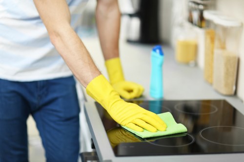 Technician assessing carpet cleaning risks before work
